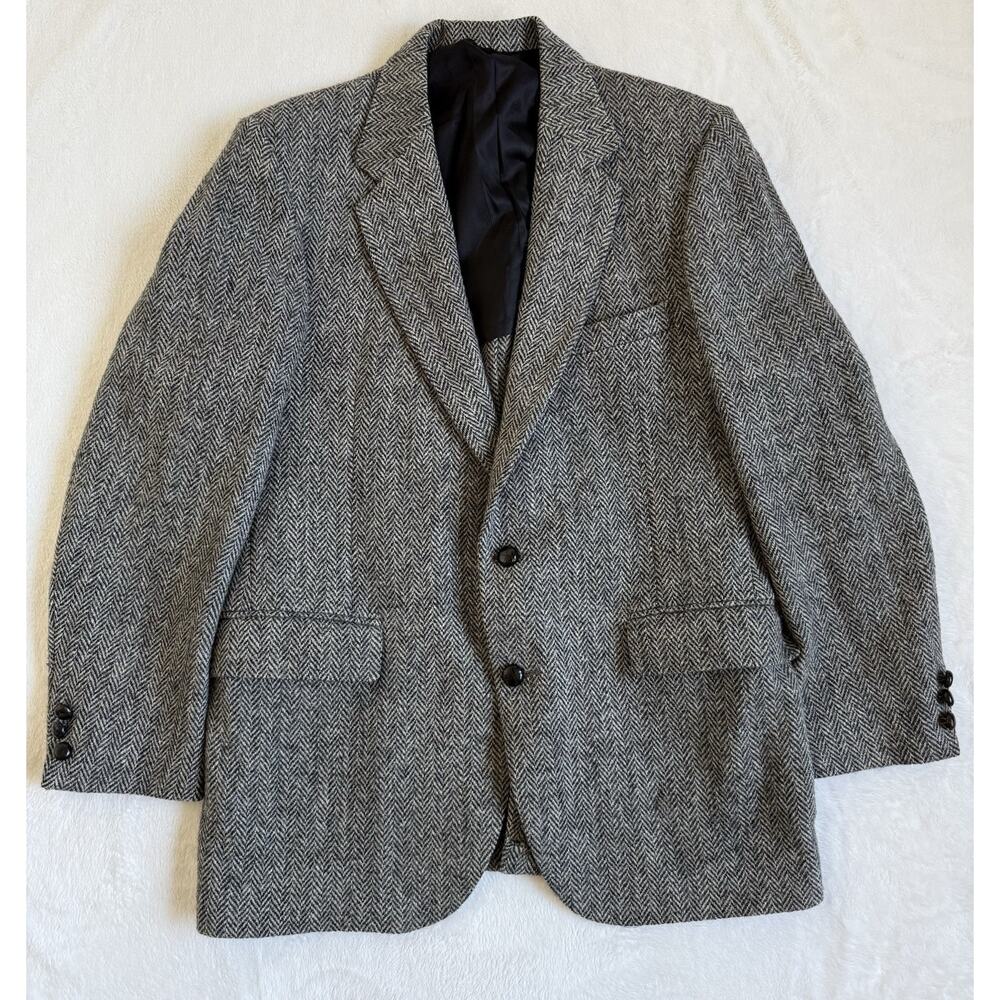 Vintage Harris Tweed Gray Harringbone Blazer 100% Pure Scottish Wool Made USA